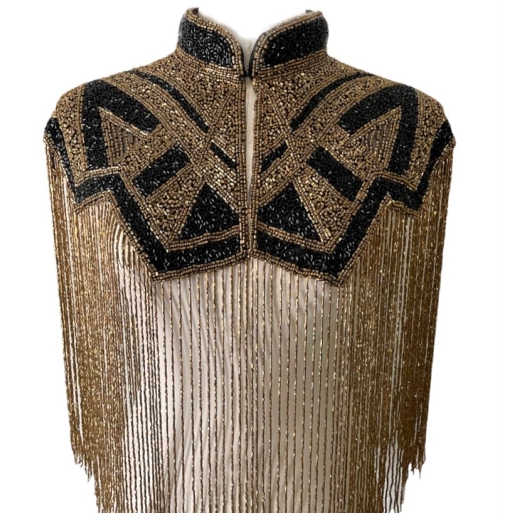 Bronze and Black Art Deco Hand Beaded Fringe Cape